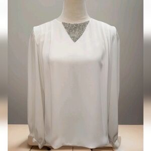 Liz Claiborne Ivory Beaded Neckline Blouse Womens 4 Embellished Bugle Bead Long